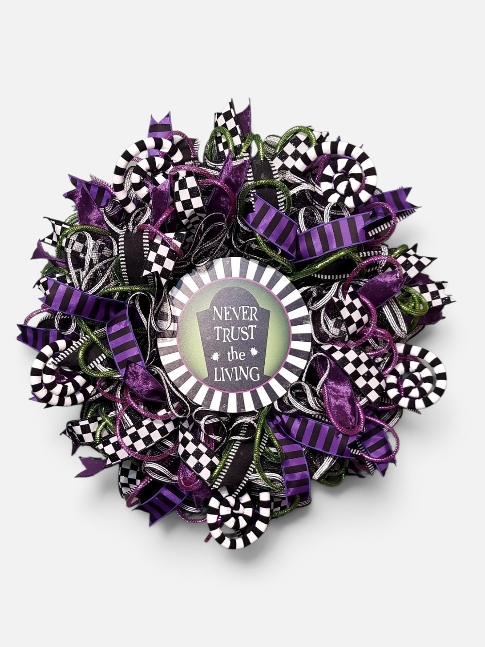 Hand Crafted Purple, Black & Green 'Never Trust the Living' Halloween Wreath